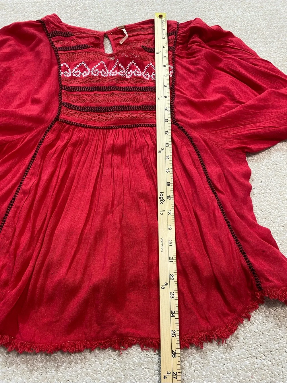 Free People Coral Red Embroidered Peasant Tunic Size S/P Shell 99% Viscose